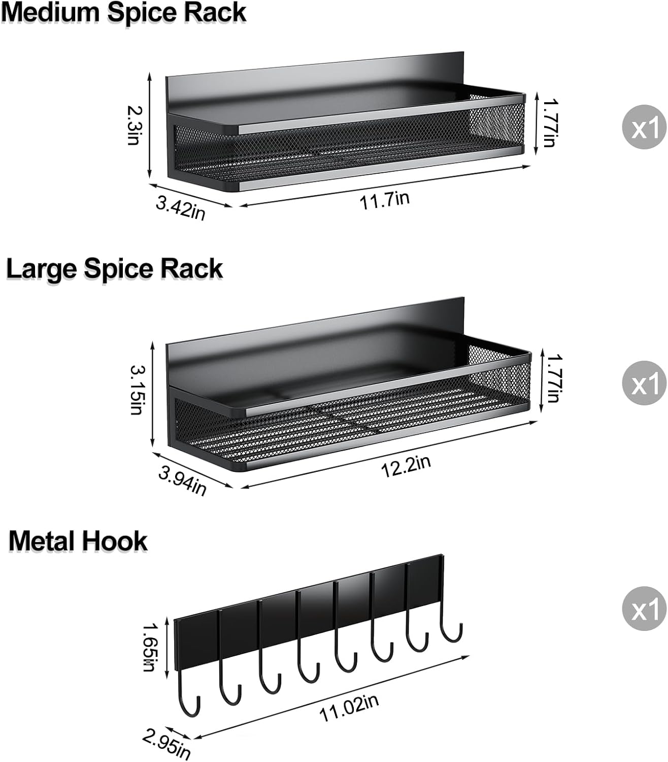 Magnetic Spice Rack for Refrigerator, 3 Pack Magnetic Shelf, Moveable Fridge Organizer with 8-Hook Rack, Seasoning Organizer for Kitchen