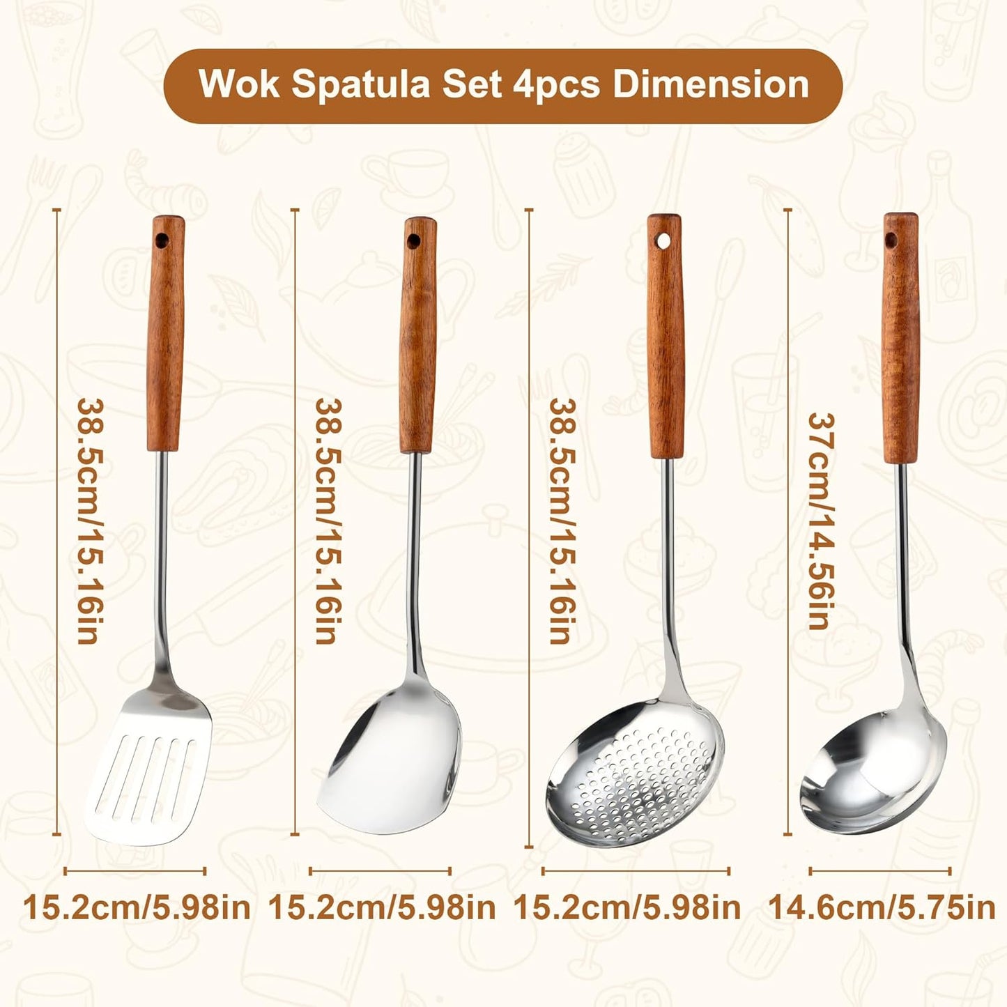 FJNATINH Stainless Steel Wok Tools Set,Wok Utensil - Wok Spatula,Turner,Ladle,Skimmer Tool Set,Mirror Polished Stainless Steel Cooking Utensils 14.6-15.2" Kitchen Utensils Cookware, Pack of 4