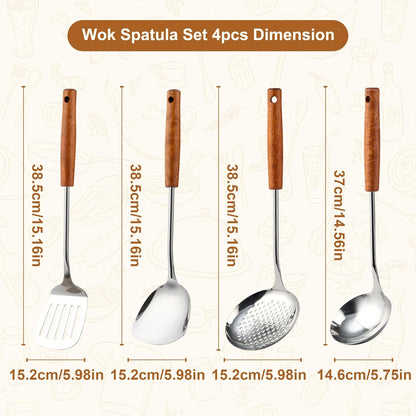 FJNATINH Stainless Steel Wok Tools Set,Wok Utensil - Wok Spatula,Turner,Ladle,Skimmer Tool Set,Mirror Polished Stainless Steel Cooking Utensils 14.6-15.2" Kitchen Utensils Cookware, Pack of 4