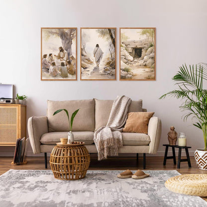 Aurlan Jesus Teaching Children Jesus on Path Framed Empty Tomb Bible Stories Wall Art(16"x24"), 3PCS Boho Christian Easter Scripture Gifts Canvas Artwork, Large Spiritual Religious Faith Decor Prints for Office Home