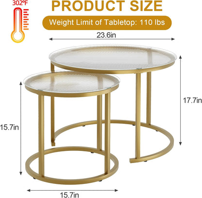 aboxoo Nesting Coffee Table Set of 2, Small Round Glass Nesting Tables for Living Room Bedroom, Accent Tea Table with Gold Metal Frame Modern Industrial Simple