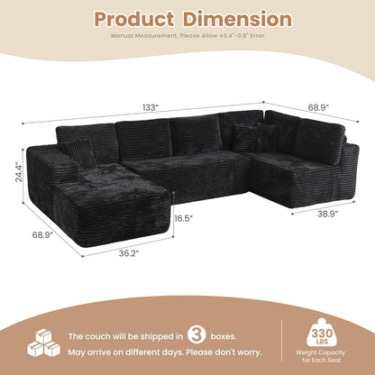 HOOOWOOO Cloud Sectional Couches for Living Room,Modular Sectional Sofa No Assembly,133X70 Inch Plush Corduroy Large U Shaped Floor Couch Set with Deep Seat Chaise Lounge(Black)