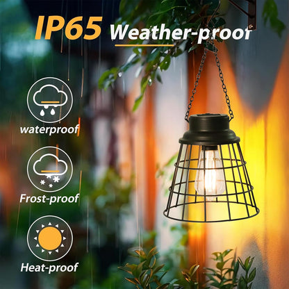 2 Pack Solar Lanterns Outdoor Waterproof , Metal Cage Design with Replaceable LED Bulb, Waterproof Vintage Decorative Light for Patio, Garden, and Yard (5.9" x 6.1", Black)