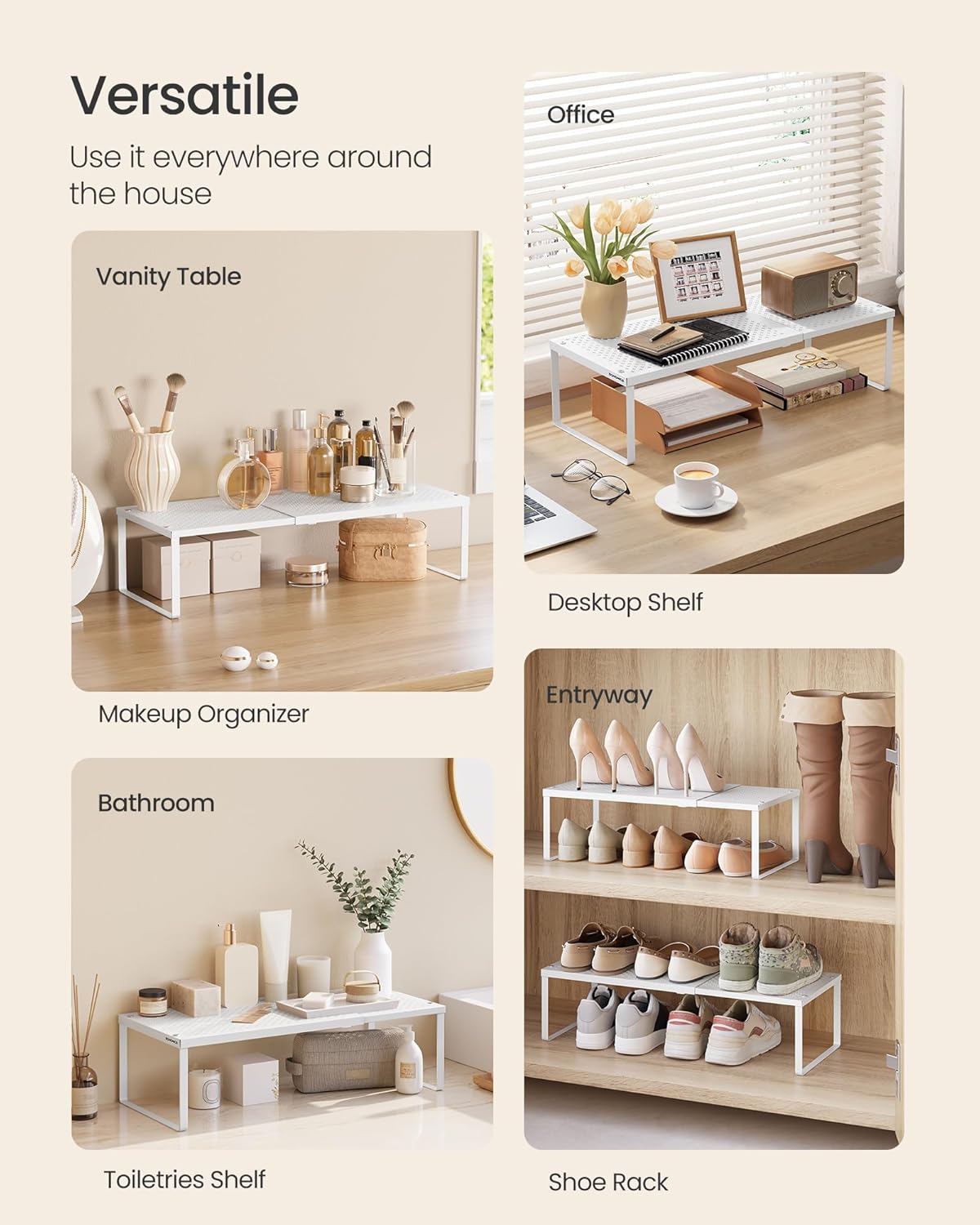 SONGMICS Spice Rack, Expandable Kitchen Countertop Shelf, Small Cupboard Organizer, Metal, Space-Saving Tabletop Shelf, Matte White UKCS007W01