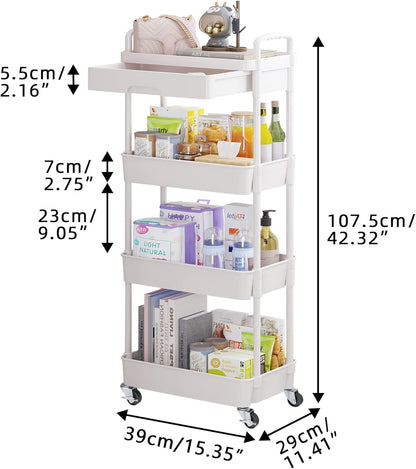 Calmootey 4-Tier Rolling Utility Cart with Drawer,Multifunctional Storage Organizer with Plastic Shelf & Metal Wheel,Storage Cart for Kitchen,Bathroom,Living Room,Office,White