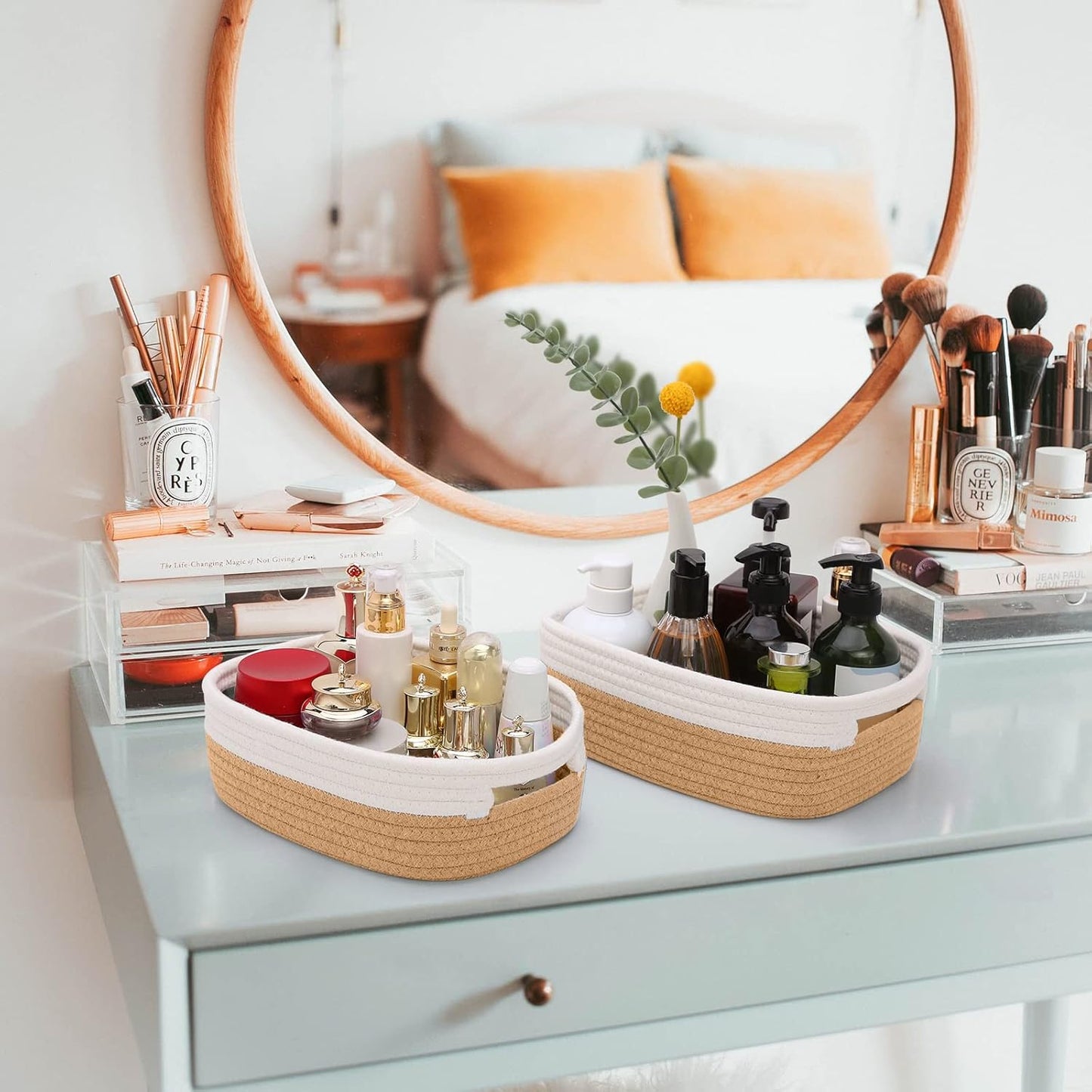 7 Piece Cotton Rope Woven Basket Set - Small Basket for Baby Nursery, Pets, Montessori, Dog & Cat Toy Boxes, Bathroom Organization Bins (White/Jute)