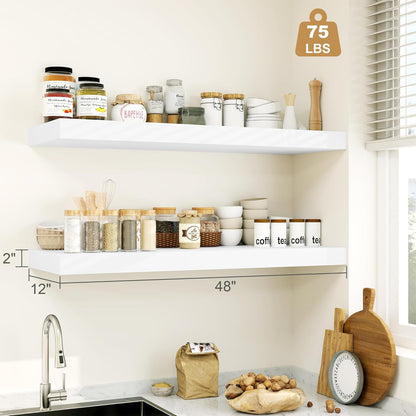 Heimlove White Bathroom Shelves Floating Shelves for Wall Shelf Over Toilet Long Wall Mounted Modern Farmhouse,48 x 12 Shelves with Invisible Brackets for Living Room, Kitchen, Bedroom