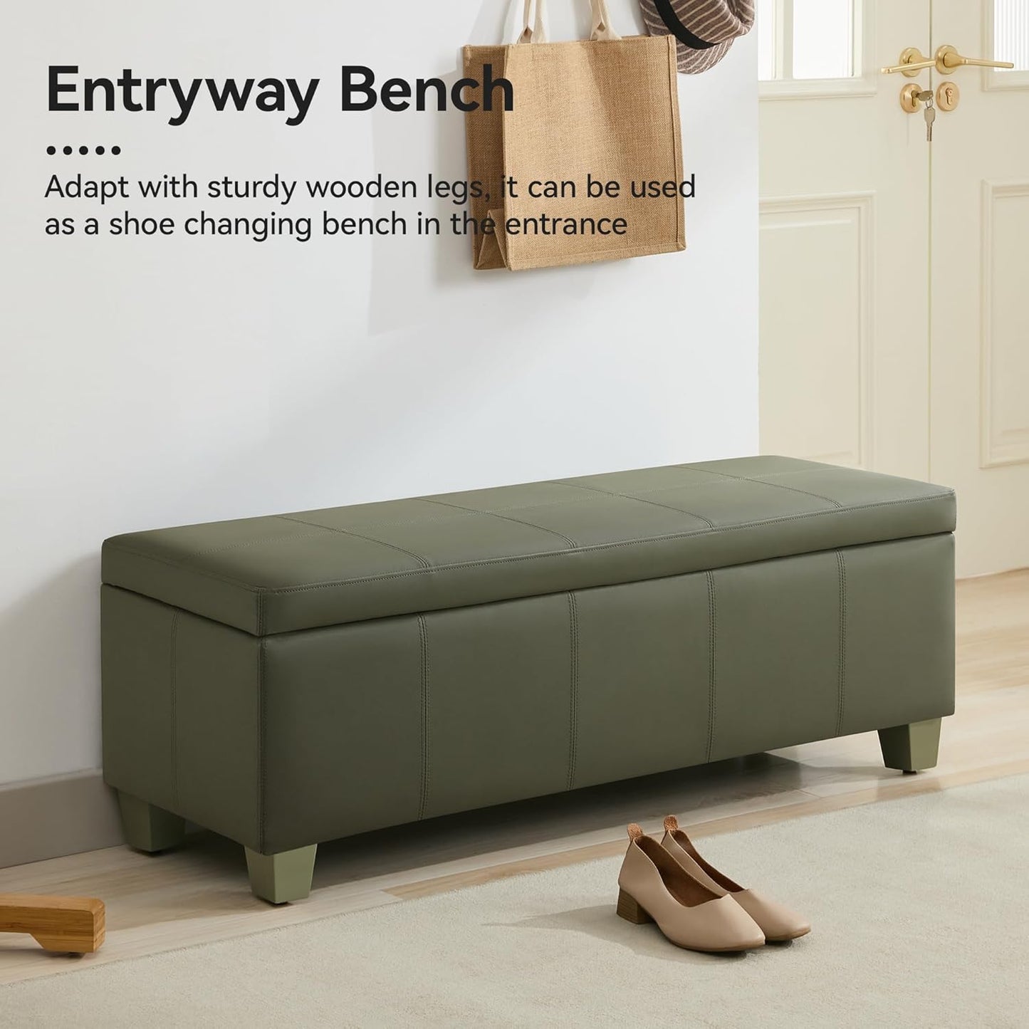 51" Faux Leather Storage Ottoman, Stitch Tufted Rectangle Upholstered End of Bed Storage Bench, Entryway Large Couch Ottoman with Wooden Legs,Green