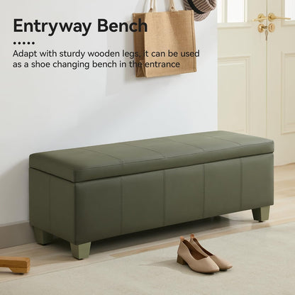 51" Faux Leather Storage Ottoman, Stitch Tufted Rectangle Upholstered End of Bed Storage Bench, Entryway Large Couch Ottoman with Wooden Legs,Green