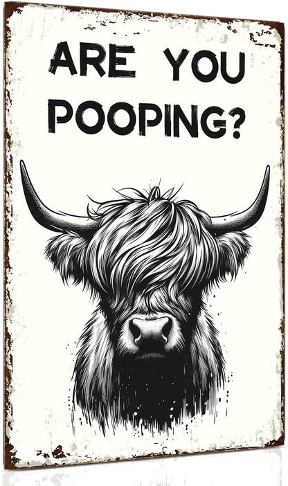 ALKB Funny Highland Cow Are You Pooping Metal Signs Vintage Farmhouse Bathroom Wall Decor Highland Cow Lovers Gift 8 x 12 Inch