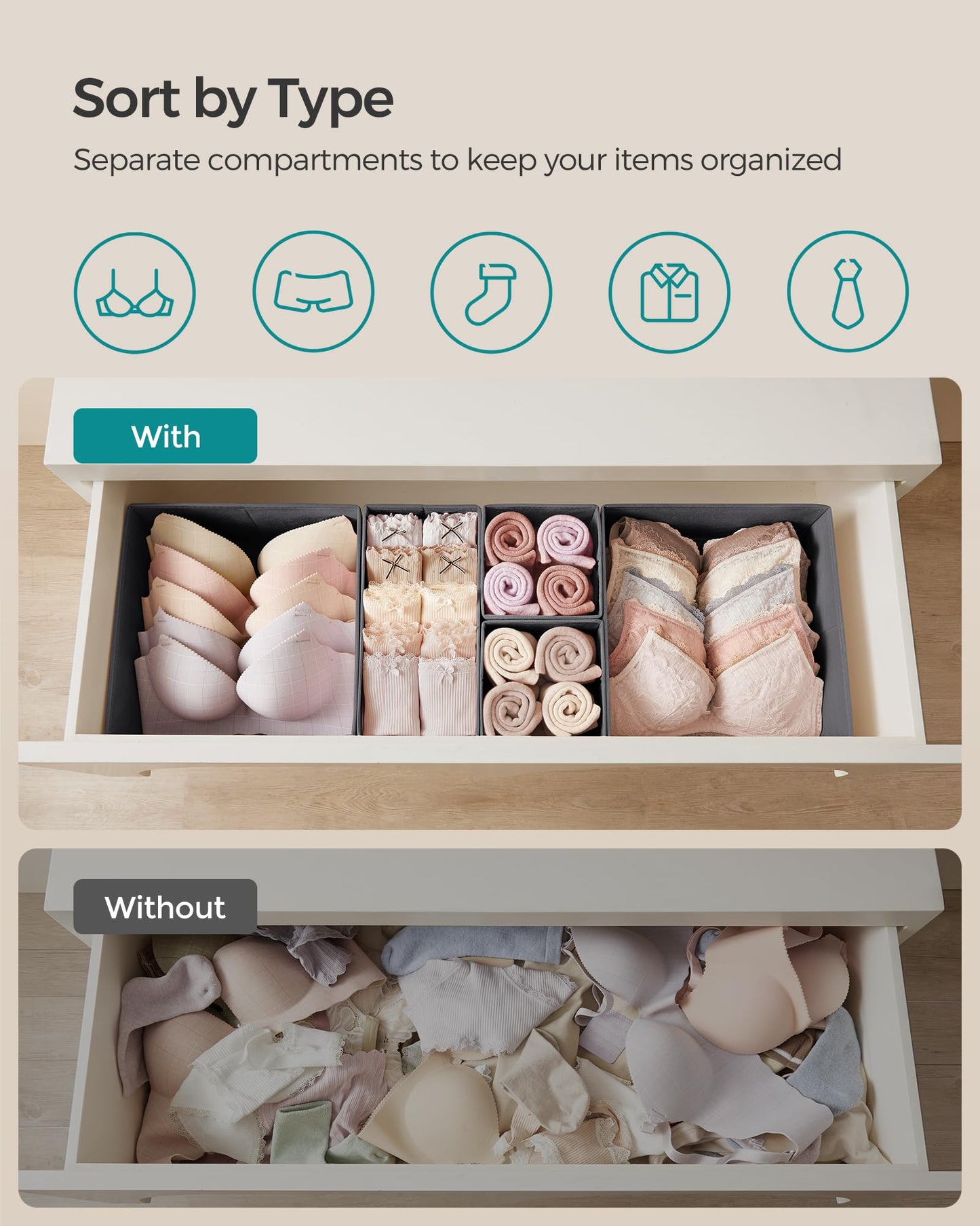 SONGMICS Drawer Organizer, Dresser Drawer Organizers, Set of 12, Foldable Fabric Storage Bins for