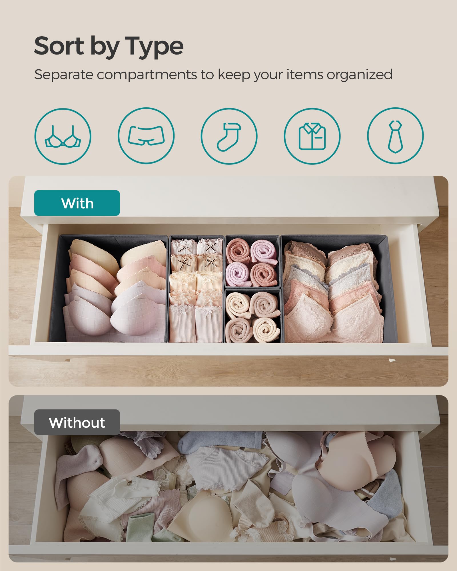 SONGMICS Drawer Organizer, Dresser Drawer Organizers, Set of 12, Foldable Fabric Storage Bins for