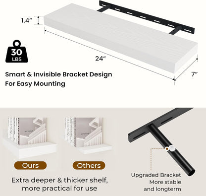 24 inch Floating Shelves Long Floating Shelves for Wall Large Wall Mounted Shelves with Invisible Brackets, White Shelves for Bathroom, Living Room, Kitchen, Office, 24x6.7 inch deep Set of 2
