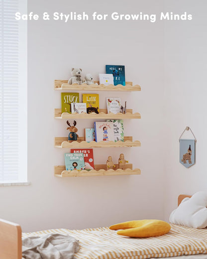 Kids' Bookshelf Set of 4 - Wood Floating Nursery Book Shelves, Picture Ledge Shelf for Wall Decor and Storage - Perfect for Books, Toys, Photo Frames, and Nursery Décor