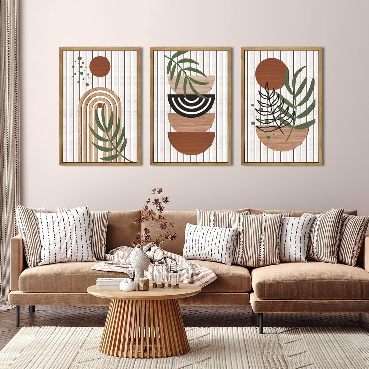 Large Boho Mid Century Wood Wall Art Set Modern Bohemian Wooden Wall Decor Minimalist Leaf Art Decor Abstract Geometric Wall Sculptures for Living Room Bedroom Office-16x24Inchx3