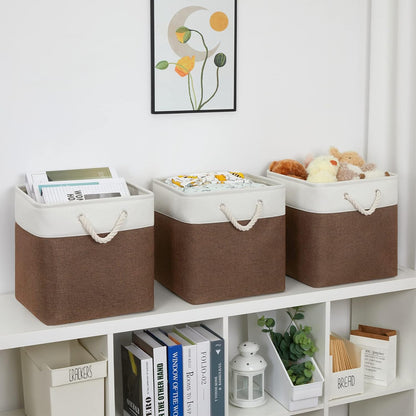 Bidtakay Collapsible Rustic Cube Storage - Brown Cloth Baskets with Handles, 13x13x13 Inch, Set of 3 Fabric Storage Bins