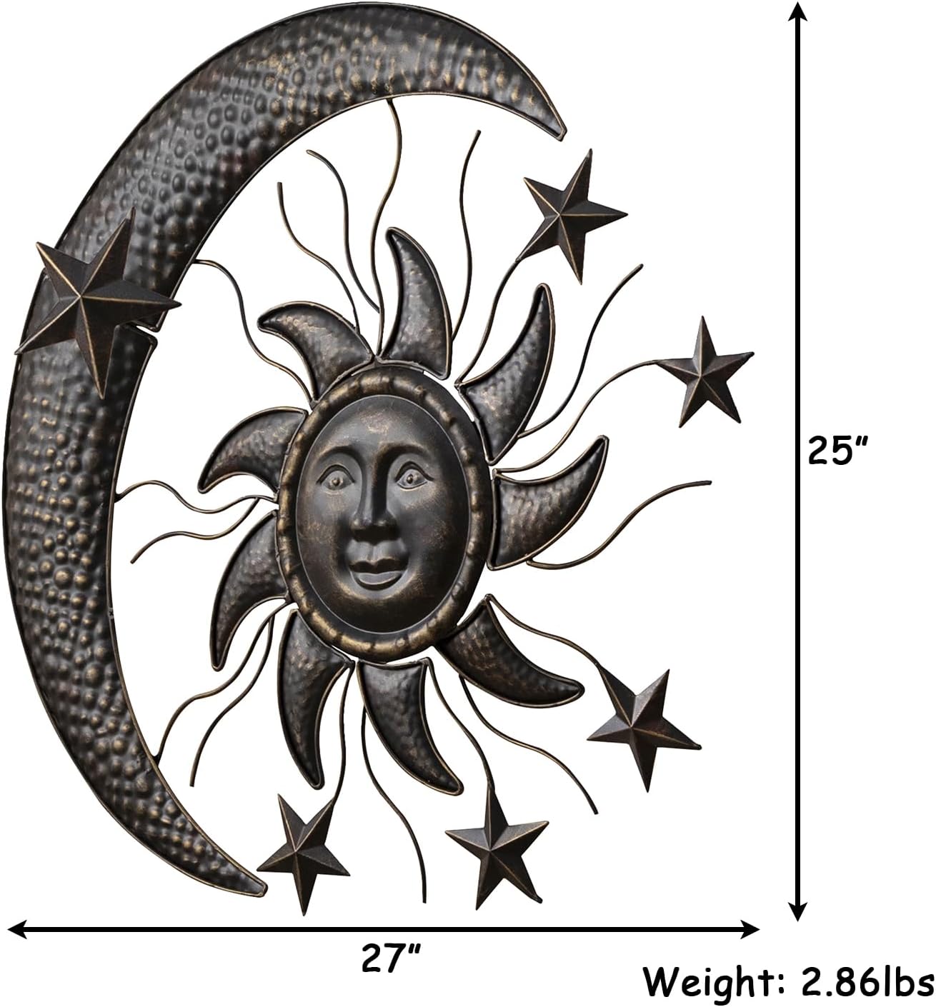 TICKCACY 27” Metal Sun Wall Decor, Vintage Sun Moon Stars Wall Hanging Decoration, Moon and Stars Wall Art Sculpture for Indoor Outdoor Living Room Bedroom Garden Yard Patio Fence