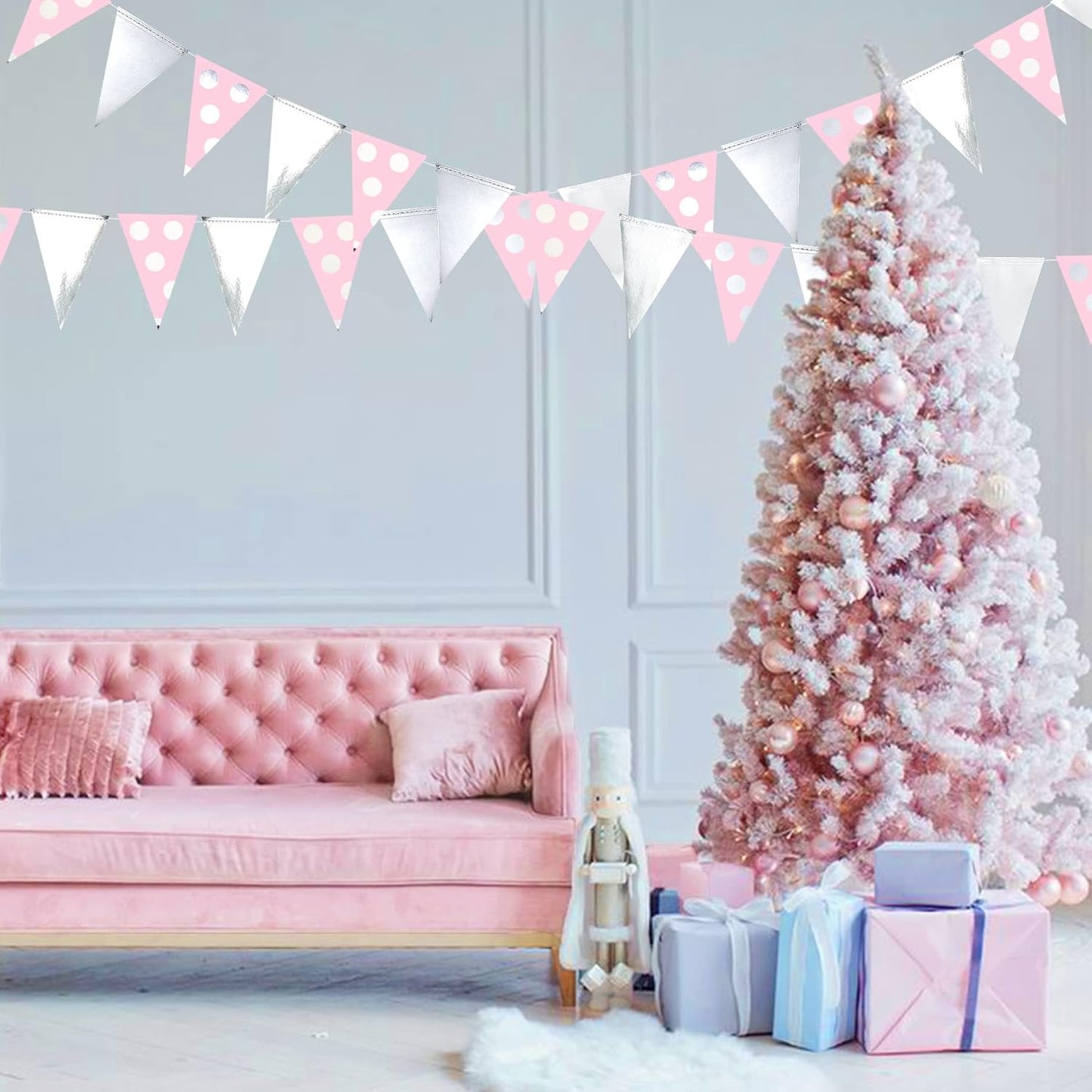 30 Ft Silver Pink Polka Dot Pennant Banner Blush Paper Circle Dot Triangle Flags Bunting Garland for Baby Shower Bridal Shower Wedding Bachelorette Christmas Holiday Girls Birthday Party Decorations