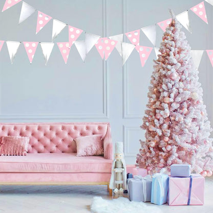 30 Ft Silver Pink Polka Dot Pennant Banner Blush Paper Circle Dot Triangle Flags Bunting Garland for Baby Shower Bridal Shower Wedding Bachelorette Christmas Holiday Girls Birthday Party Decorations