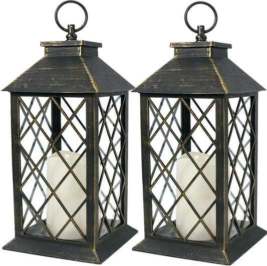 Bright Zeal 2-Pack 13.5" Vintage Candle Lantern with LED Candle (Distressed Gold, 6hr Timer) - IP44 Waterproof Outdoor Hanging Lanterns Battery Powered - Tabletop Lantern Decorative Home Lanterns