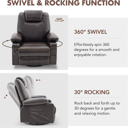Oversized Swivel Rocker Recliner Chair with Heat and Massage, 360 Degree Swivel Rocking Single Sofa with Cup Holders and USB Port, Large Big Recliner Chair for Living Room (Leather, Brown)