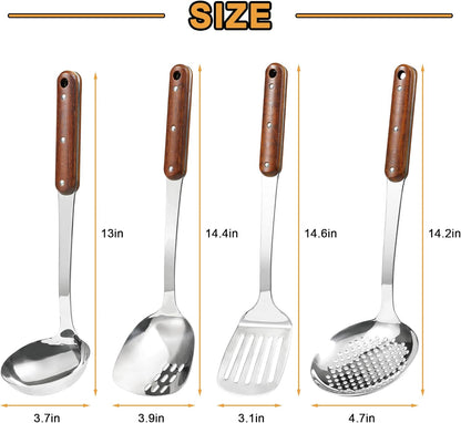 FJNATINH Stainless Steel Wok Spatula,Slotted Spatulas,Ladle,Skimmer Ladle Tool Set,Mirror Polished Cooking Utensils Kitchen Cookware, Pack of 4,Sliver