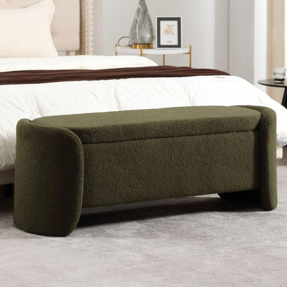 ROCTY Green Boucle Storage Bench - 50" Sherpa End of Bed Ottoman with Seating and Storage for Bedroom, Entryway, Living Room, Vanity or Makeup Room - Teddy Fabric