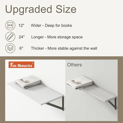 Deep Floating Shelves, 12 Inch Deep Floating Shelves for Wall, 24"W x 12"D Wall Shelves for Books, Rustic White Wooden Shelves, Large Wide Display Shelf for Bathroom, Living Room, Bedroom, Set of 2
