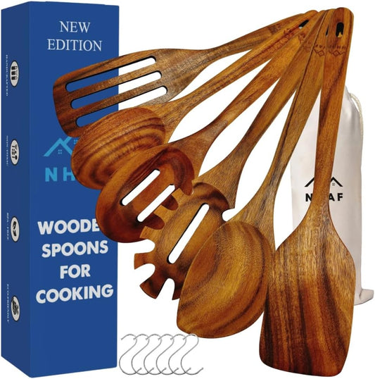 Wooden Utensils for Cooking, Premium Teak Healthy Spoons, Wooden Spoons for Cooking, Durable