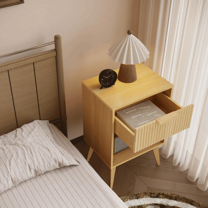 Fluted Night Stand with Opening Storage,Mid Century Bedside Table with Drawer,Wood Nightstand with Solid Wood Legs,End Table Side Table for Living Room,Bedroom,Natural CTG56Y