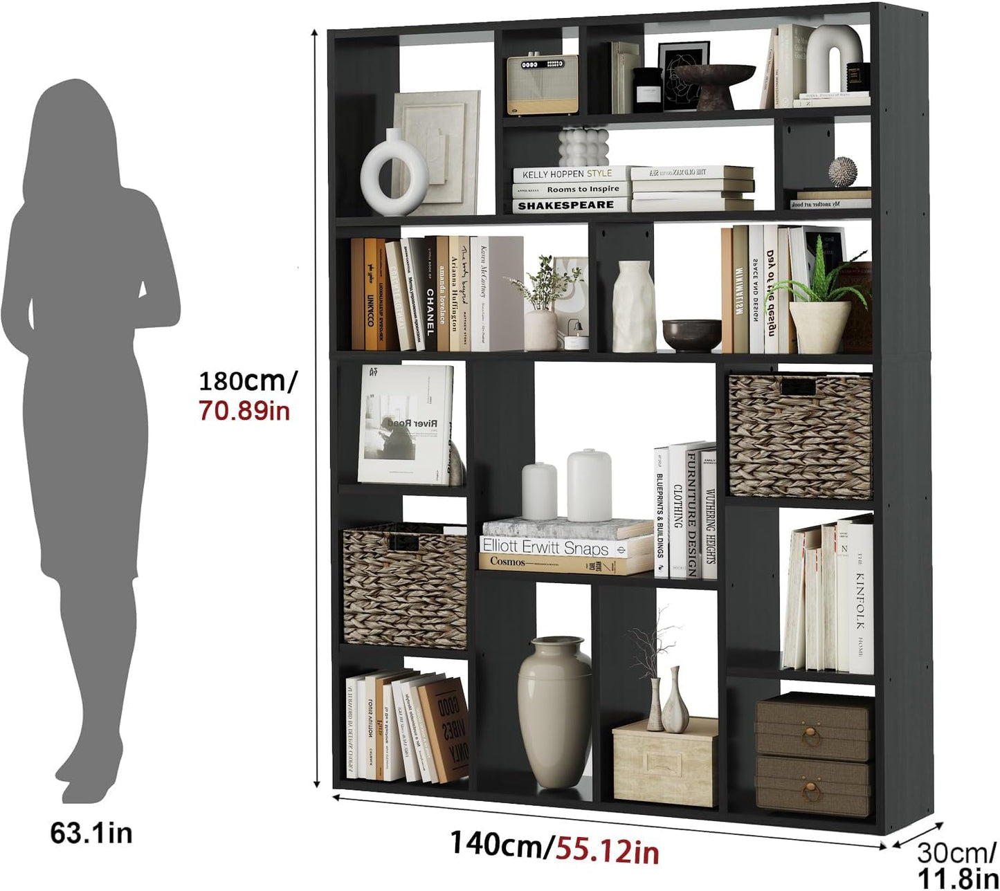 71” Tall Open Black Bookcase with Baskets, Free-Standing 6-Tier Wooden Display Storage Bookshelves with 16 Irregular Cubes for Living Room, Home Decor