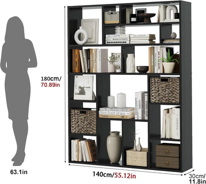 71” Tall Open Black Bookcase with Baskets, Free-Standing 6-Tier Wooden Display Storage Bookshelves with 16 Irregular Cubes for Living Room, Home Decor