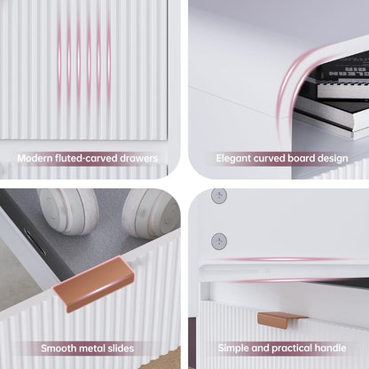 FURSUN 24" Fluted Nightstand with Charging Station, Wooden End Table with 2 Drawers Storage, Curved Profile Design, Modern Bedside Cabinet for Bedroom Living Room, White