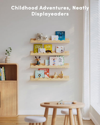 Kids' Bookshelf Set of 4 - Wood Floating Nursery Book Shelves, Picture Ledge Shelf for Wall Decor and Storage - Perfect for Books, Toys, Photo Frames, and Nursery Décor