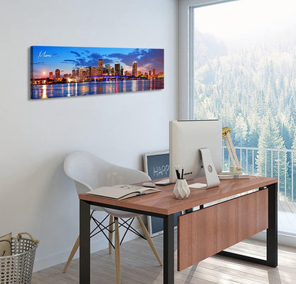 Office Wall Decor Miami Skyline Wall Art Panoramic Cityscape Picture Modern USA City Night View Canvas Prints for Bedroom Living Room Home Decoration Stretched and Framed Ready to Hang 13.8"x45.3"
