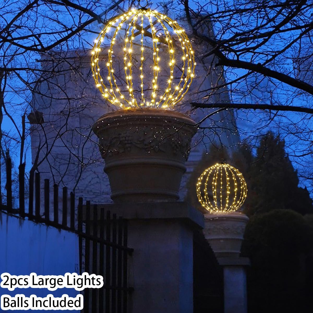 Outdoor Hanging Lighted Sphere, Christmas Decoration Light Balls, 2 in 1 Warm White and Multicolor Chandelier, 208 LED 16" Large Iron Frame Foldable Globe for Patio Tree Gazebo Decor-2Pack