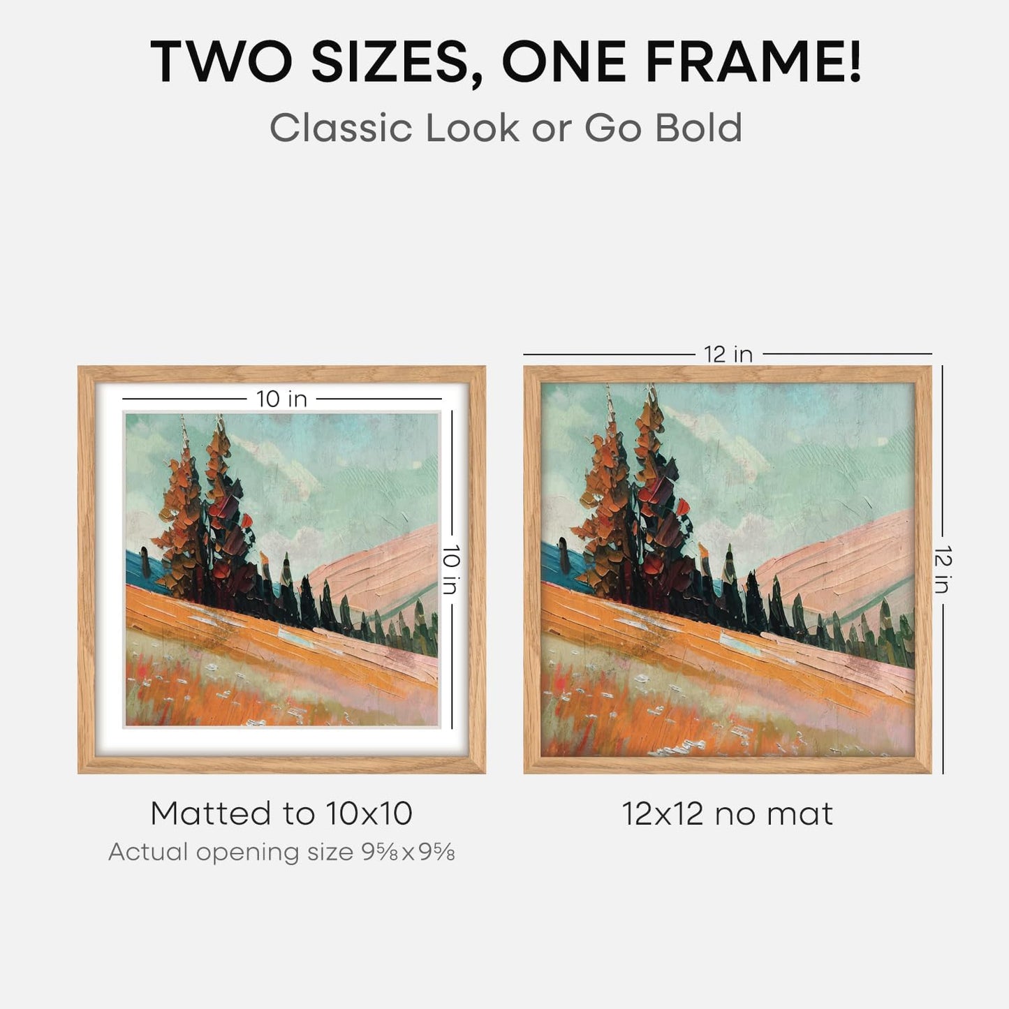 Homeforia 12x12 Light Wood Frame, High End Natural Oak 12 x 12 Square Picture Frames with Mat 10 by 10 inch Photo, 12by12 Wooden Poster Frames Matted to 10x10 Print, Tempered Glass, Wall Kit, Set of 1