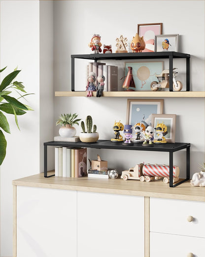 SONGMICS Spice Racks, Set of 2 Expandable Kitchen Countertop Shelves, Small Cupboard Organizers, Metal, Space-Saving Tabletop Shelves, Matte Black UKCS402B01