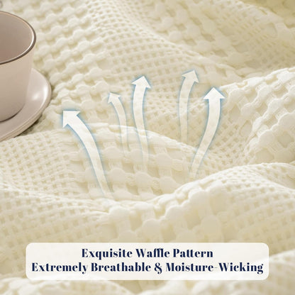 PHF Cooling Waffle Blanket Twin Size, Lightweight 60% Rayon Derived Bamboo & 40% Cotton Breathable Blanket for Hot Sleepers, Soft and Luxury for Bed Couch and Sofa, 66"x90", Ivory