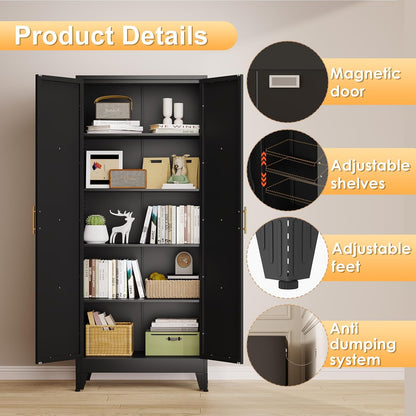71" H Metal Kitchen Pantry Storage Cabinet, Freestanding Cupboard with 2 Doors and 4 Adjustable Shelves, Standing Storage for Kitchen, Bathroom, Garage, Dinning Room or Utility Room（Black）