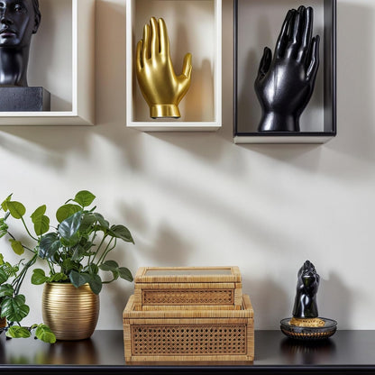 Rattan Box for Home Decor with Lid - Rectangular Coastal Bohemian Style Stackable Decorative Storage Box Set - Handmade from Natural Rattan, Cedar & Real Glass