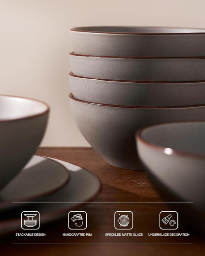 Famiware Venus Ceramic Plates and Bowls Sets, Speckled Dinnerware Dish Sets for 8 (24 Pieces) - Microwave and Dishwasher Safe, Matte Dark Grey