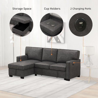 EBELLO Convertible Sleeper Sofa 3 in 1, Faux Leather Modern L-Shaped Couches for Living Room, Pull Out Sectional Futon Sofa Bed with Storage Space, USB Ports and Cup Holders for Bedroom
