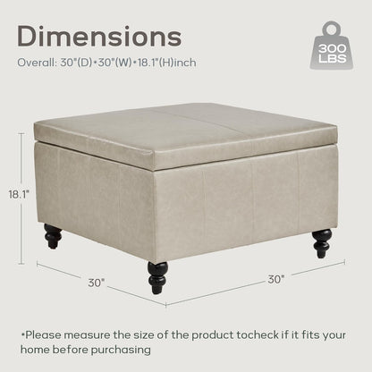 HUIMO Square Storage Ottoman, Tufted Leather Ottoman for Living Room (Khaki)