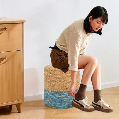 Pouf Ottomans, Handwoven Natural Straw Footstool, Round Braided Outdoor Patio Stool with Wood Frame, Boho Decor Accent Seat Balcony, or Garden (Blue)