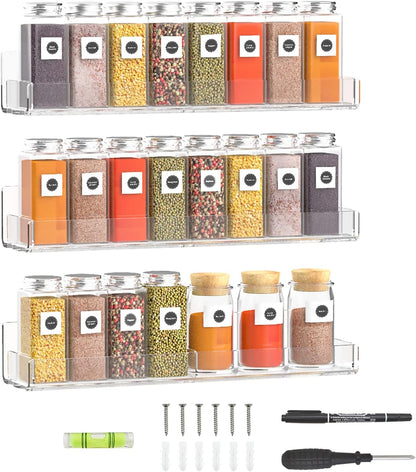 15 Inch Acrylic Spice Rack Wall Organizer Set of 3, Clear Acrylic Wall Shelf for Home Organizer, Floating Shelf for Bottle Display, Jars, Spice, Wine, Books, Toiletries