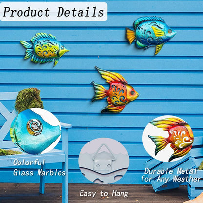 Weibefee Coastal Wall Decor, Ocean Sea Metal Fish Wall Decor, Hanging Wall Art Decoration for Indoor Outdoor, Beach Nautical Tropical Fish Wall Sculpture for Pool Bathroom Bedroom Patio