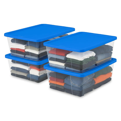 HOMZ 4-Pack Snaplock, Small Clear Plastic Storage Organizer Bins w/Lids, 12 Quart, Blue - Stackable