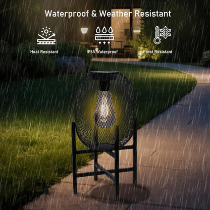 Solar Mesh Lantern Outdoor – 13.8" Tall Black Metal Patio Light with Edison Glass Bulb, Solar Powered Warm Glow LED, Waterproof IP65 for Garden, Porch, Deck, Tabletop Decor