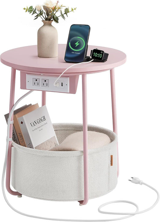 VASAGLE Side Table with Charging Station, Round End Table with Fabric Basket, Nightstand with Power Outlets, USB Ports, for Living Room, Bedroom, Modern, Jelly Pink and Cream White ULET228R01